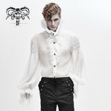 Gothic Lace Cuff High Collar Pleated Chiffon White Men Shirts With Flounces Necktie