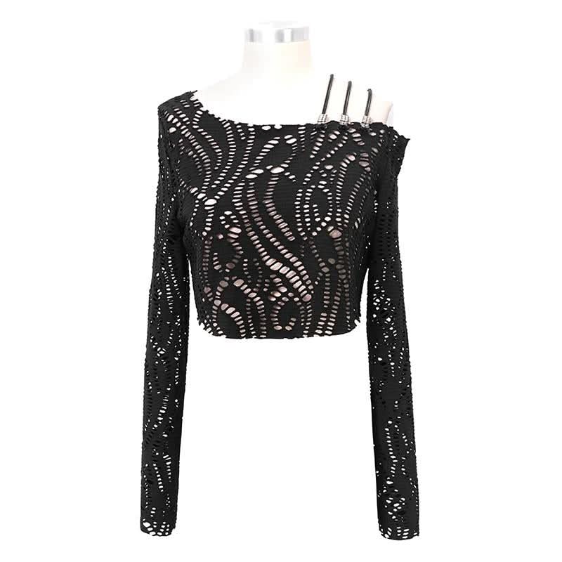 Japanese Fashion Daily Life Off The Shoulder Punk Hollow Out Sexy Women Long Sleeve T Shirt