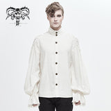 Steampunk Puff Sleeve High Collar Cotton And Linen Men White Shirts