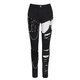 Punk Asymmetrical Spliced Broken Hole Women Worn Out Pants With Chains