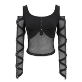 Mesh Spliced Off The Shoulder Sexy Women Punk Long Sleeves T Shirts