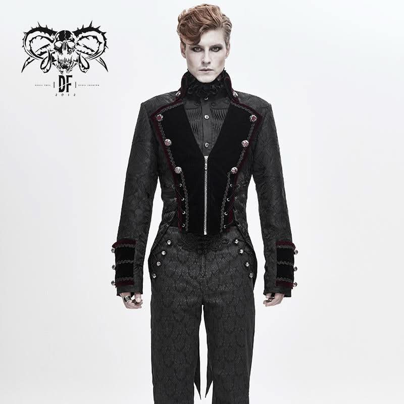 Gorgeous Gothic Party Jacquard Floral Pattern Men Velveteen Swallowtail Coat