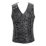 Autumn Punk Rock Fog Flower Patterned Lace Up Black Men Leather Waistcoat