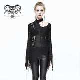 Autumn Asymmetric Woollen Broken Holes Lace Spliced Sexy Ladies Gothic Black Sweater