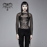 Gothic Snake Flocking Printed Horn Sleeve Sexy Ladies Mesh T Shirt