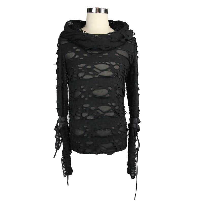 Punk Men Ripped Finger Covered Autumn Hooded Black Top