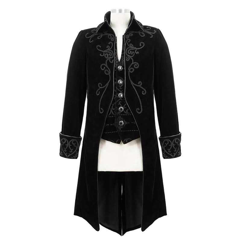 Men Black Gothic Hand Embroidered Fake Two Pieces Velvet Coats