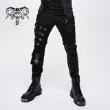 Punk Heavy Metal Lace Up Leg Torn Men Trousers With Loops