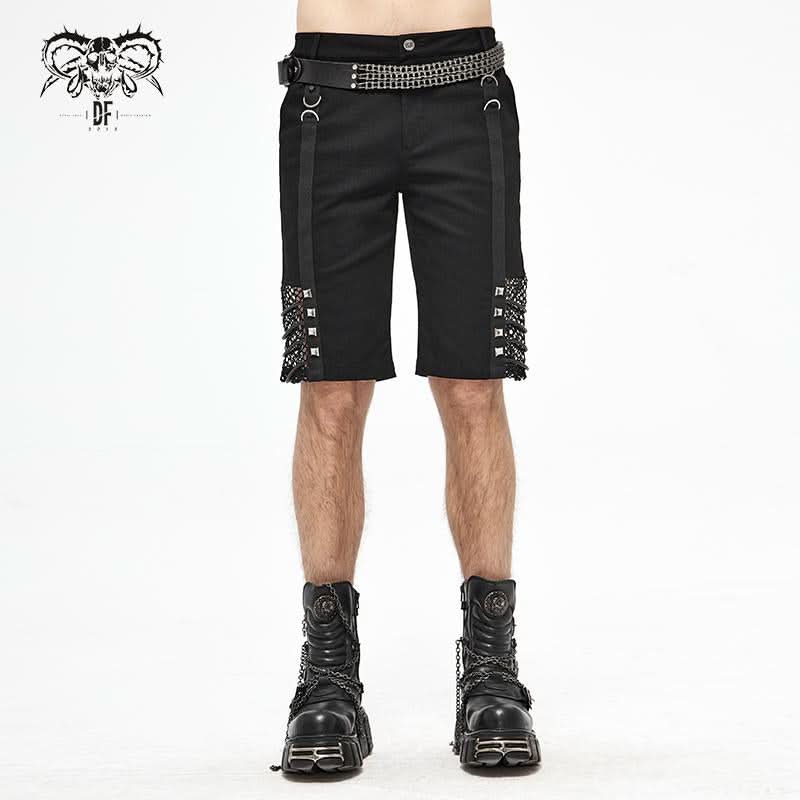 Pt140 Punk Rough Rope Mesh Spliced Men Fifth Trousers