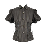 Steampunk Bubble Short Sleeved Striped Brown Women Slim Cotton Blouse