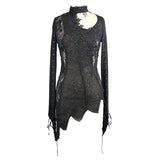 Autumn Asymmetric Woollen Broken Holes Lace Spliced Sexy Ladies Gothic Black Sweater