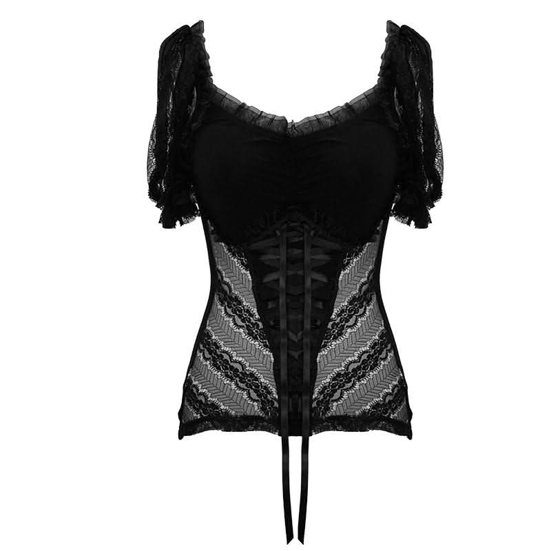 Sexy Women Summer Gothic Vertical Flower Lace Bubble Sleeves Modal T Shirt
