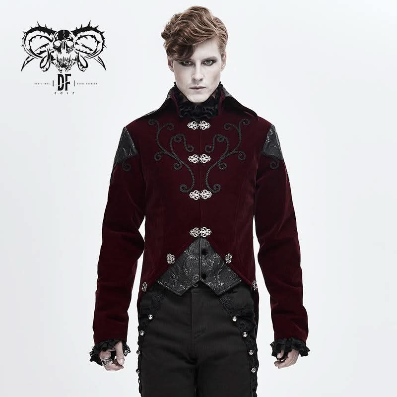 Vintage Hook Clasp Men Wine Gothic Embroidered Fake Two Pieces Dress Jacket