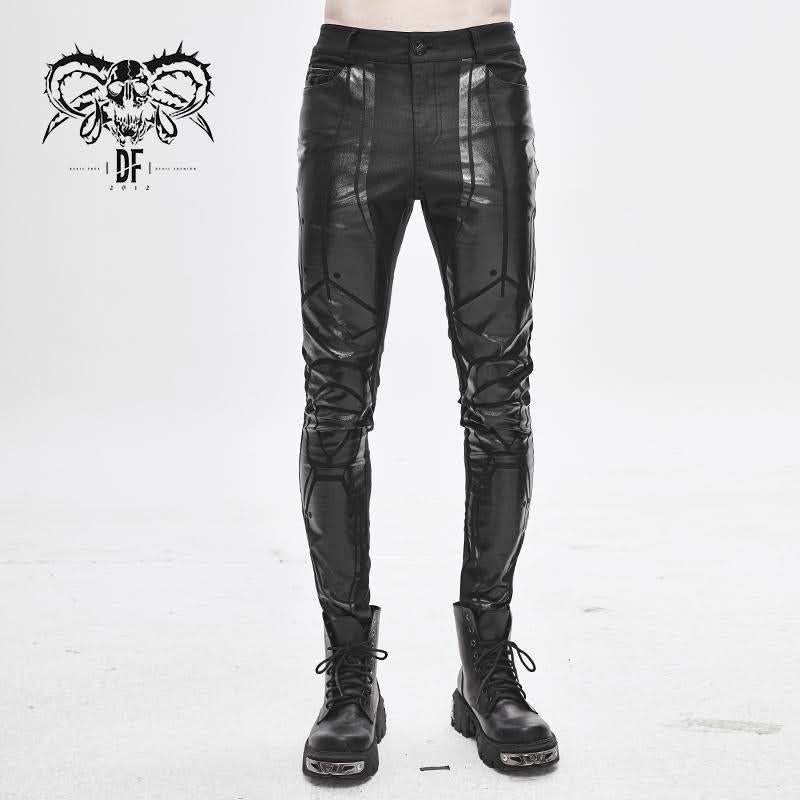Robot Armor Gloss Printing Skinny Black Stretch Men Trousers