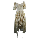 Creamy White Steampunk Victoria Vintage Drawstring Embroidered Lace Women Long Dress