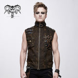 Brown Steampunk High Collar Lace Up Back Zipper Up Men Waistcoat With Pockets