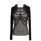 Ett024 Beaded Rib Fake Shawl Long Sleeve T Shirt