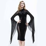 Gothic Cross Shape Stand Collar Flared Sleeves Sexy Ladies Stretchy Middle Length Velvet Dress