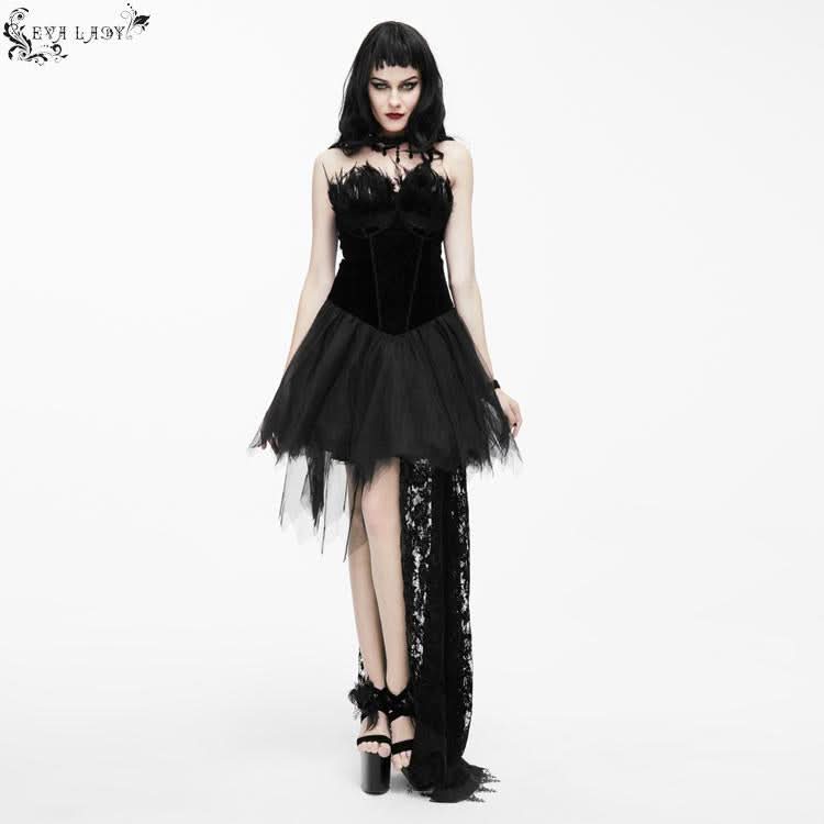 Gothic Wedding Strapless Feathered Sexy Short Velveteen Dress With Rose Lace Tail