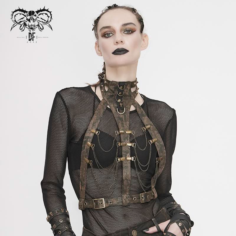 Steampunk Accessories Brown Women Distressed Body Harness With Chains