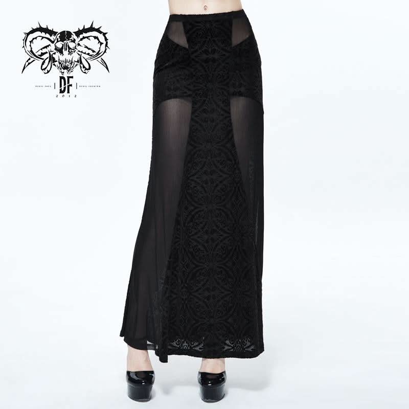 Stretchy Gothic Pattern Cross Shaped Mesh Splicing Sexy Ladies Velvet Long Half Skirt