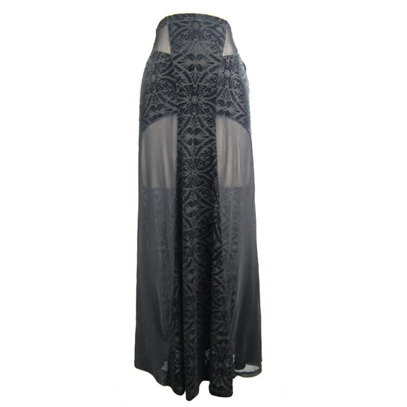 Stretchy Gothic Pattern Cross Shaped Mesh Splicing Sexy Ladies Velvet Long Half Skirt
