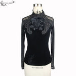 Rose Embossed Small Stand Collar Lace Sleeves Velvet Sexy Women T Shirt