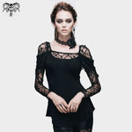 Gothic Small Rose Lace Long Sleeves Modal Mature Women T Shirt With Back Cowls