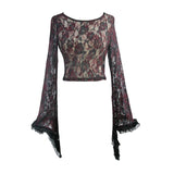 Daily Wine Flocking Pattern Rose Mesh Horn Sleeves Sexy Women Stretchy Lace Short Tops