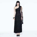 One Shoulder Asymmetrical Dark Pattern Stretchy Velvet Long Dress With Shawl