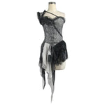 Black And Silver Irregular Chiffon Lace And Ruffles Hem Corset With Shoulder Strap