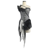 Black And Silver Irregular Chiffon Lace And Ruffles Hem Corset With Shoulder Strap