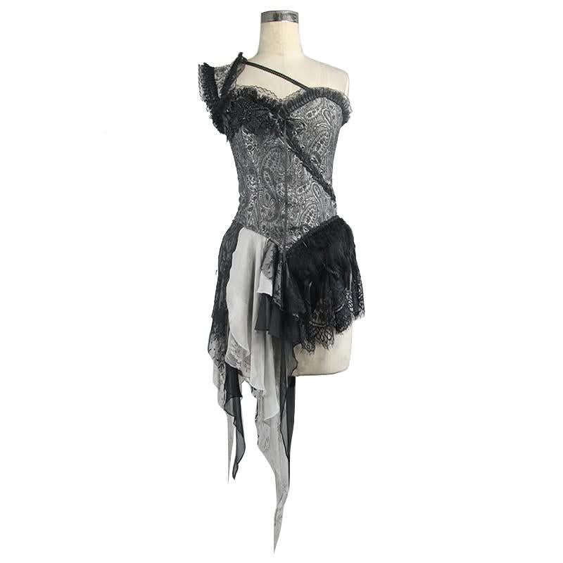 Black And Silver Irregular Chiffon Lace And Ruffles Hem Corset With Shoulder Strap