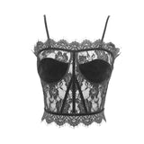 Summer Sexy Ladies Transparent Lace Velvet Short Black Suspender Vest