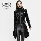 Cyber Punk Nailed Zipper Up Black Bright Leather Women Long Coat