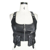 Women Black And Silver Punk Short Faded Leather Waistcoat With Pockets