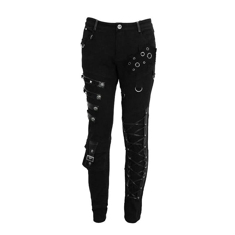Punk Heavy Metal Lace Up Leg Torn Men Trousers With Loops