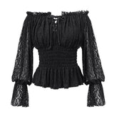 Gothic Daily Life Off Shoulder Elastic Waist Lantern Sleeve Lace Sexy Women T Shirt