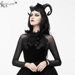 Rose Embossed Small Stand Collar Lace Sleeves Velvet Sexy Women T Shirt