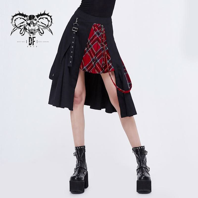 Daily Life Young Girls Fake 2 Pieces Black And Red Scottish Plaid Overskirt With Adjust Loops