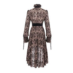 Everyday Apricot Queen See Through Printed Long Sleeves Velvet Belted Dress With Tie