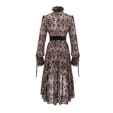 Everyday Apricot Queen See Through Printed Long Sleeves Velvet Belted Dress With Tie