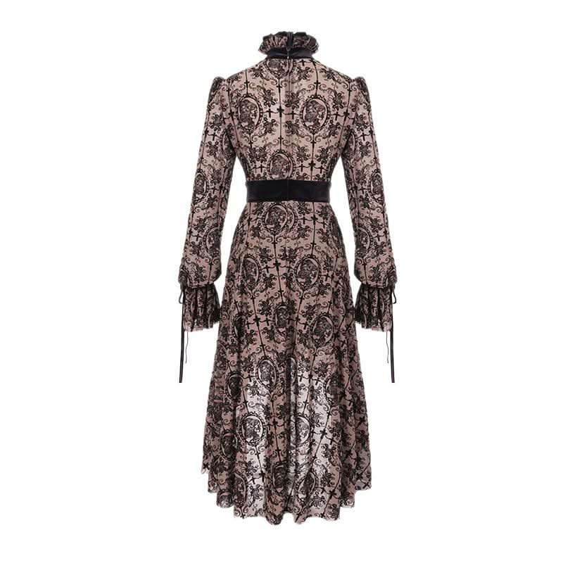 Everyday Apricot Queen See Through Printed Long Sleeves Velvet Belted Dress With Tie