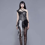 Black And Silver Irregular Chiffon Lace And Ruffles Hem Corset With Shoulder Strap