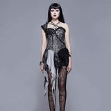 Black And Silver Irregular Chiffon Lace And Ruffles Hem Corset With Shoulder Strap