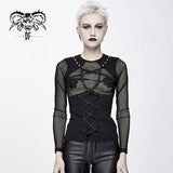 Perspective Pentagram Chest Black Mesh Punk Women T Shirt With Ribbons