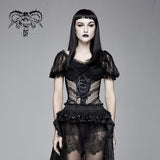 Sexy Women Summer Gothic Vertical Flower Lace Bubble Sleeves Modal T Shirt