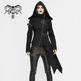 Asymmetrical Women Black Zipper Up Punk Hooded Jacket