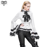 Party Gothic Big Flared Sleeves Bandage Black And White Color Contrast Women Blouse With Necktie