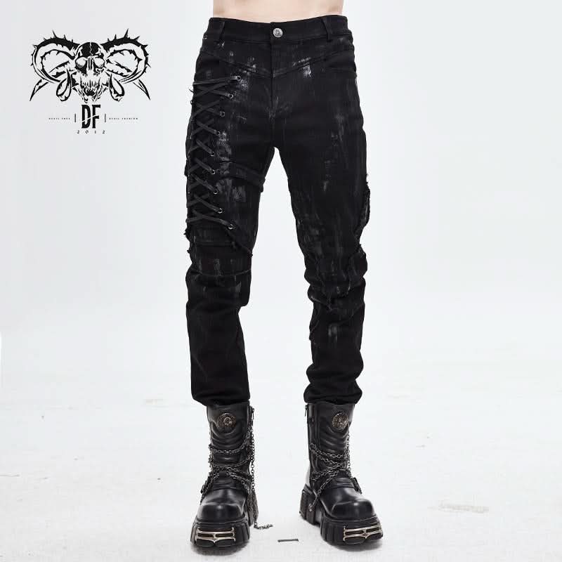 Devil Fashion Brand Punk Mecha Hand Painted Slim Black Men Trousers